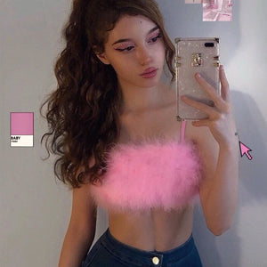 Fashion Sexy Spaghetti Straps Pink Feather Crop Top 2021 Women Camisole Sleeveless Tops Party Club Streetwear Camis