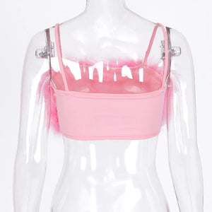 Fashion Sexy Spaghetti Straps Pink Feather Crop Top 2021 Women Camisole Sleeveless Tops Party Club Streetwear Camis