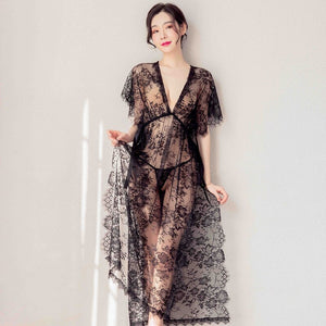Fashion Sexy Underwear Long Slit Black Perspective Eyelash Decorative Border Lace Nightdress Sexy Costumes Exotic Lingerie Robe