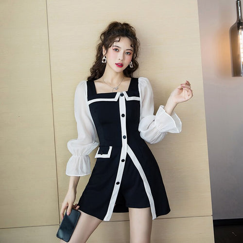 Fashion Slim Korean Fall Shorts Sets Female Black Stitching Design Square Neck Blouse+Black Shorts Two Piece Set Women Casual