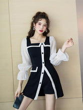 Load image into Gallery viewer, Fashion Slim Korean Fall Shorts Sets Female Black Stitching Design Square Neck Blouse+Black Shorts Two Piece Set Women Casual