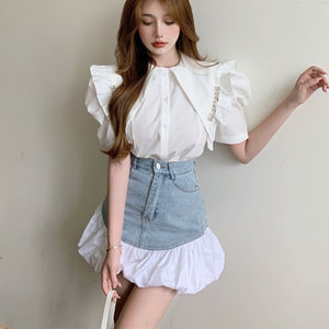 Fashion Streetwear 2 Piece Suits Women Puff Sleeve Shirt Blouse Crop Tops + Mini Skirts Sets Ensemble Female Sweet Two Piece Set