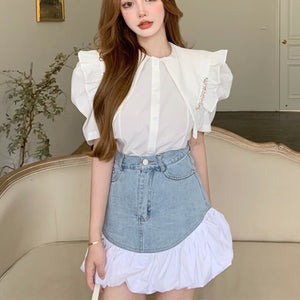 Fashion Streetwear 2 Piece Suits Women Puff Sleeve Shirt Blouse Crop Tops + Mini Skirts Sets Ensemble Female Sweet Two Piece Set