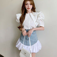 Load image into Gallery viewer, Fashion Streetwear 2 Piece Suits Women Puff Sleeve Shirt Blouse Crop Tops + Mini Skirts Sets Ensemble Female Sweet Two Piece Set