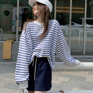 Fashion Striped Tshirt Women Simple O-neck Long Sleeve Tops Femme Casual Loose All Match Vinatge Tees Spring T Shirt 2022