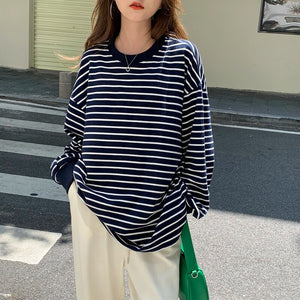 Fashion Striped Tshirt Women Simple O-neck Long Sleeve Tops Femme Casual Loose All Match Vinatge Tees Spring T Shirt 2022