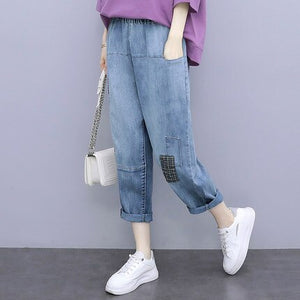 Fashion Suit Women Summer New Round Neck Printed T-shirt + Elastic Waist Nine-point Break Jeans Loose Casual Two-piece Female