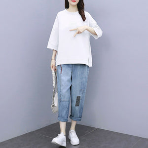 Fashion Suit Women Summer New Round Neck Printed T-shirt + Elastic Waist Nine-point Break Jeans Loose Casual Two-piece Female