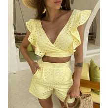 Load image into Gallery viewer, Fashion Summer Solid Hollow Out Suits Women Elegant V Neck Ruffles Tops Suit Women Pockets Shorts Suits Ladies