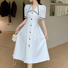 Load image into Gallery viewer, Fashion Summer Vintage Puff Sleeve Midi Party Dress Ladies Elegant Robe Casual Single-Breasted Button Folds Beach Vestidos Mujer