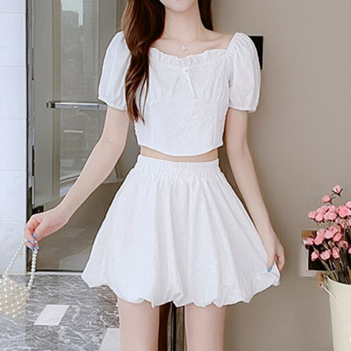 Fashion Sweet Two Piece Set Women Square Neck Ruffle Bow Short Puff Sleeve Top Fashionable Ball Gown Skirt Suits Ensembles Femme