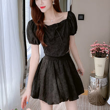 Load image into Gallery viewer, Fashion Sweet Two Piece Set Women Square Neck Ruffle Bow Short Puff Sleeve Top Fashionable Ball Gown Skirt Suits Ensembles Femme