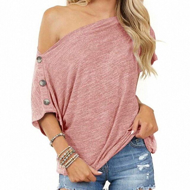 Fashion T Shirt Women Solid Color Off The Shoulder Woman Tshirts Button Short Sleeve Ladies Tops Bottom Mujer Camisetas
