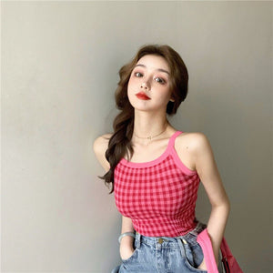 Fashion Temperament All-match Color Contrast Plaid Halter Sleeveless Tank Top Slim Bottoming Sling Top Women Vest