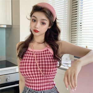 Fashion Temperament All-match Color Contrast Plaid Halter Sleeveless Tank Top Slim Bottoming Sling Top Women Vest