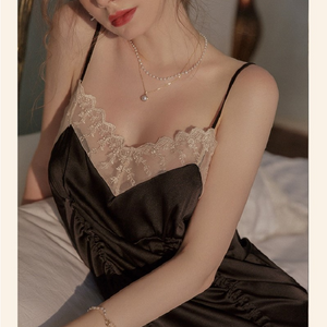 Fashion Thin Women Sexy Dressing Gown Sleepwear V-neck Sexy Home Lingerie Sling Pajamas Fashion Nightgown Lace Satin Slip Dress