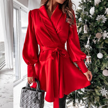 Load image into Gallery viewer, Fashion Trend Women Long Sleeve Satin Dresses Single-breasted Bow Sash Slim Casual Dress Women Split Spring Summer Mini Dresses