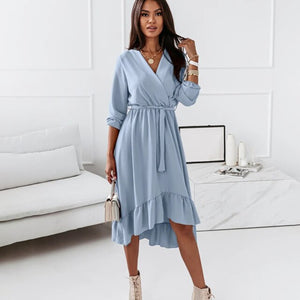 Fashion V Neck Long Sleeve Green Midi Dress Women 2021 Fall Clothes Casual Elegant Office Ladies Dresses For Woman Robe Femme