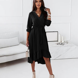 Fashion V Neck Long Sleeve Green Midi Dress Women 2021 Fall Clothes Casual Elegant Office Ladies Dresses For Woman Robe Femme