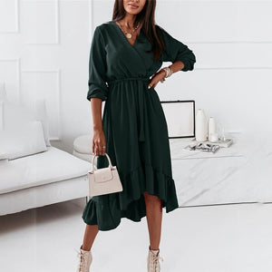 Fashion V Neck Long Sleeve Green Midi Dress Women 2021 Fall Clothes Casual Elegant Office Ladies Dresses For Woman Robe Femme