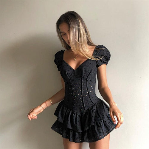 Fashion V Neck Ruffles Pleated Dress Women Puff Sleeve Chic Black Summer Dress Party Hollow Out Vintage Corset Ladies 2022