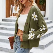 Load image into Gallery viewer, Fashion V-neck Knitted Cardigan Floral Pattern Knitwear Coat Casual Loose Warm Dropped Shoulder Long Sleeve Women Sweater Coat