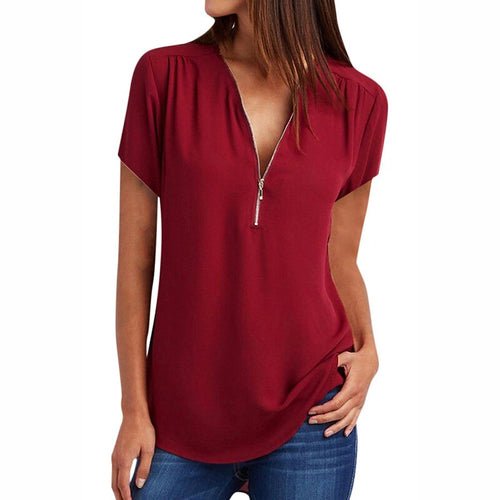 Fashion V-neck Zipper Short Sleeve Womens Blouses And Tops Woman 2019 Summer Plus Size 4xl 5xl Chiffon Casual Shirts Ladies Tops