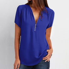 Load image into Gallery viewer, Fashion V-neck Zipper Short Sleeve Womens Blouses And Tops Woman 2019 Summer Plus Size 4xl 5xl Chiffon Casual Shirts Ladies Tops