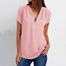 Load image into Gallery viewer, Fashion V-neck Zipper Short Sleeve Womens Blouses And Tops Woman 2019 Summer Plus Size 4xl 5xl Chiffon Casual Shirts Ladies Tops