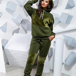 Fashion Velvet Patchwork Long Sleeve Tracksuit Thicken Hooded Sweatshirts 2 Piece Set Casual Sport Suit Women Two Piece Set