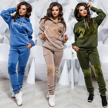 Load image into Gallery viewer, Fashion Velvet Patchwork Long Sleeve Tracksuit Thicken Hooded Sweatshirts 2 Piece Set Casual Sport Suit Women Two Piece Set