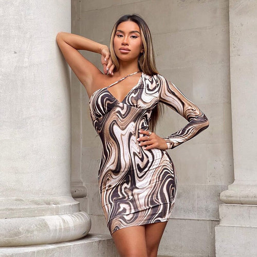 Fashion Whirlpool Water Ripple Women's Dress Summer Fall Print Single Shoulder Woman Bodycon Dresses Mini Dress Sexy Streetwear