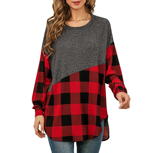 Fashion Women Autumn T-Shirt Plaid Splicing O-Neck Long Sleeve  Loose Fit Casual Chic Pullovers Tunic Tops