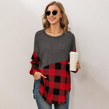 Load image into Gallery viewer, Fashion Women Autumn T-Shirt Plaid Splicing O-Neck Long Sleeve  Loose Fit Casual Chic Pullovers Tunic Tops