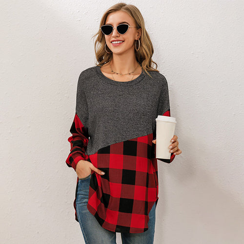 Fashion Women Autumn T-Shirt Plaid Splicing O-Neck Long Sleeve  Loose Fit Casual Chic Pullovers Tunic Tops