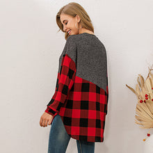 Load image into Gallery viewer, Fashion Women Autumn T-Shirt Plaid Splicing O-Neck Long Sleeve  Loose Fit Casual Chic Pullovers Tunic Tops