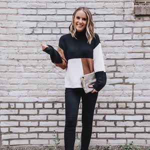 Fashion Women Casual Long Sleeve Knitted Sweater Pullover Loose Jumper Tops Knitwear Winter Color Patchwork O-neck Sweaters Hot