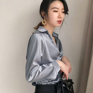 Fashion Women Elegant 2021 New Summer Silk Long Sleeve Women's Casual Shirt Top Blouses And Shirts Women Tops Plus Size