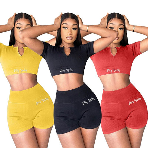 Fashion Women Hey Baby Letter Embroidery 2 Two Piece Sets Short Sleeve Ribbed Zipper Crop Top Biker Shorts Casual Tracksuits