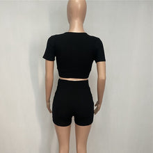 Load image into Gallery viewer, Fashion Women Hey Baby Letter Embroidery 2 Two Piece Sets Short Sleeve Ribbed Zipper Crop Top Biker Shorts Casual Tracksuits