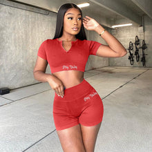 Load image into Gallery viewer, Fashion Women Hey Baby Letter Embroidery 2 Two Piece Sets Short Sleeve Ribbed Zipper Crop Top Biker Shorts Casual Tracksuits