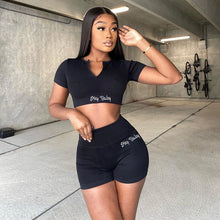 Load image into Gallery viewer, Fashion Women Hey Baby Letter Embroidery 2 Two Piece Sets Short Sleeve Ribbed Zipper Crop Top Biker Shorts Casual Tracksuits