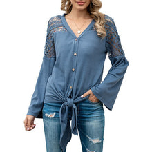 Load image into Gallery viewer, Fashion Women Knit Cardigan T-Shirts Waffle Hollow Out Shirt with Tie Knot Flare Sleeve V-Neck Casual Mujer Chic Tops Autumn
