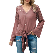 Load image into Gallery viewer, Fashion Women Knit Cardigan T-Shirts Waffle Hollow Out Shirt with Tie Knot Flare Sleeve V-Neck Casual Mujer Chic Tops Autumn