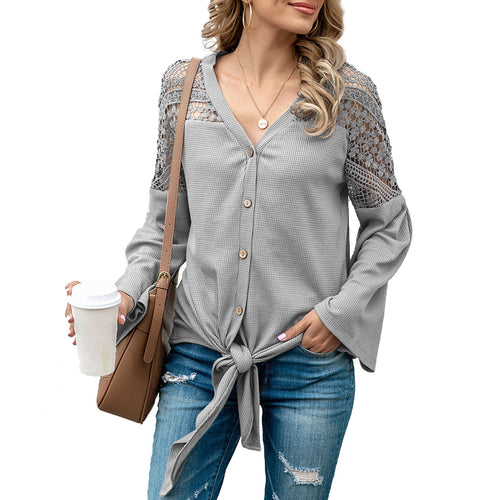 Fashion Women Knit Cardigan T-Shirts Waffle Hollow Out Shirt with Tie Knot Flare Sleeve V-Neck Casual Mujer Chic Tops Autumn