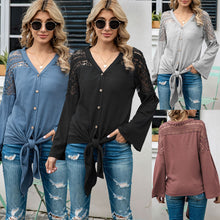 Load image into Gallery viewer, Fashion Women Knit Cardigan T-Shirts Waffle Hollow Out Shirt with Tie Knot Flare Sleeve V-Neck Casual Mujer Chic Tops Autumn