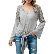 Load image into Gallery viewer, Fashion Women Knit Cardigan T-Shirts Waffle Hollow Out Shirt with Tie Knot Flare Sleeve V-Neck Casual Mujer Chic Tops Autumn
