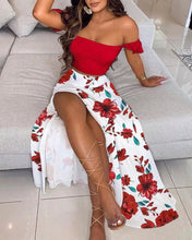 Load image into Gallery viewer, Fashion Women Printed Midi Skirt Set 2021 New Sexy Ladies Casual Off-Shoulder Polka Dot Print Ruffle Sleeve Top &amp; Maxi Rock Set