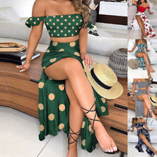 Load image into Gallery viewer, Fashion Women Printed Midi Skirt Set 2021 New Sexy Ladies Casual Off-Shoulder Polka Dot Print Ruffle Sleeve Top &amp; Maxi Rock Set