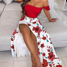 Load image into Gallery viewer, Fashion Women Printed Midi Skirt Set 2021 New Sexy Ladies Casual Off-Shoulder Polka Dot Print Ruffle Sleeve Top &amp; Maxi Rock Set